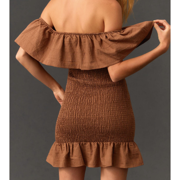 NWT By Anthropologie Off-The-Shoulder Smocked Mini Dress Chocolate Brown Size L - Picture 9 of 13